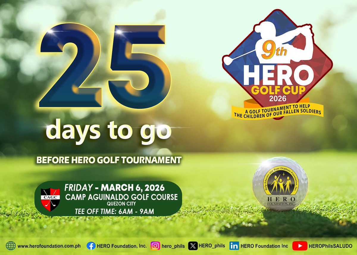 9th Hero Golf Cup 2026
March 6, 2026 - Friday

Ticket are now available!
Price: P3,500 (Inclusive of Green Fee + Registration Fee, Caddy, Lunch and Raffle)
Contact: Ms. Camille Cataluña at
(02) 8912 0361 / 0915 6270780 
or email info@herofoundation.com.ph 
#HeroGolfCup2026 #golf
