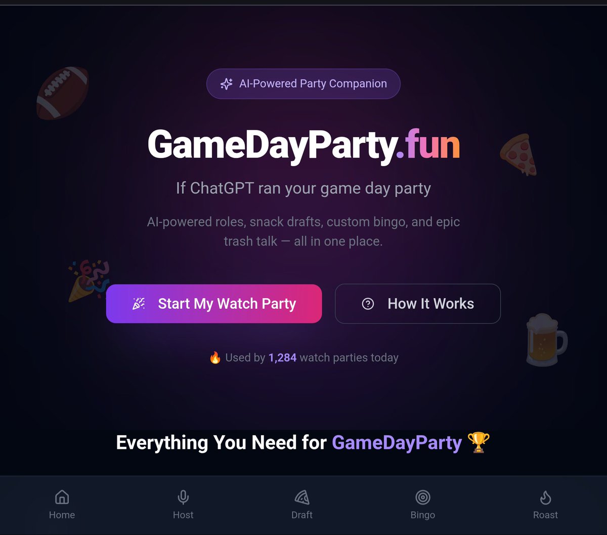 I built an AI that runs your game day party 🤯

Meet GameDayParty.fun — your all-in-one AI watch party companion.

It assigns party roles, runs a snack draft, generates halftime bingo, and creates trash talk between teams.

Try it: gamedayparty.fun

Built on <a href="/Base44/">Base44</a>