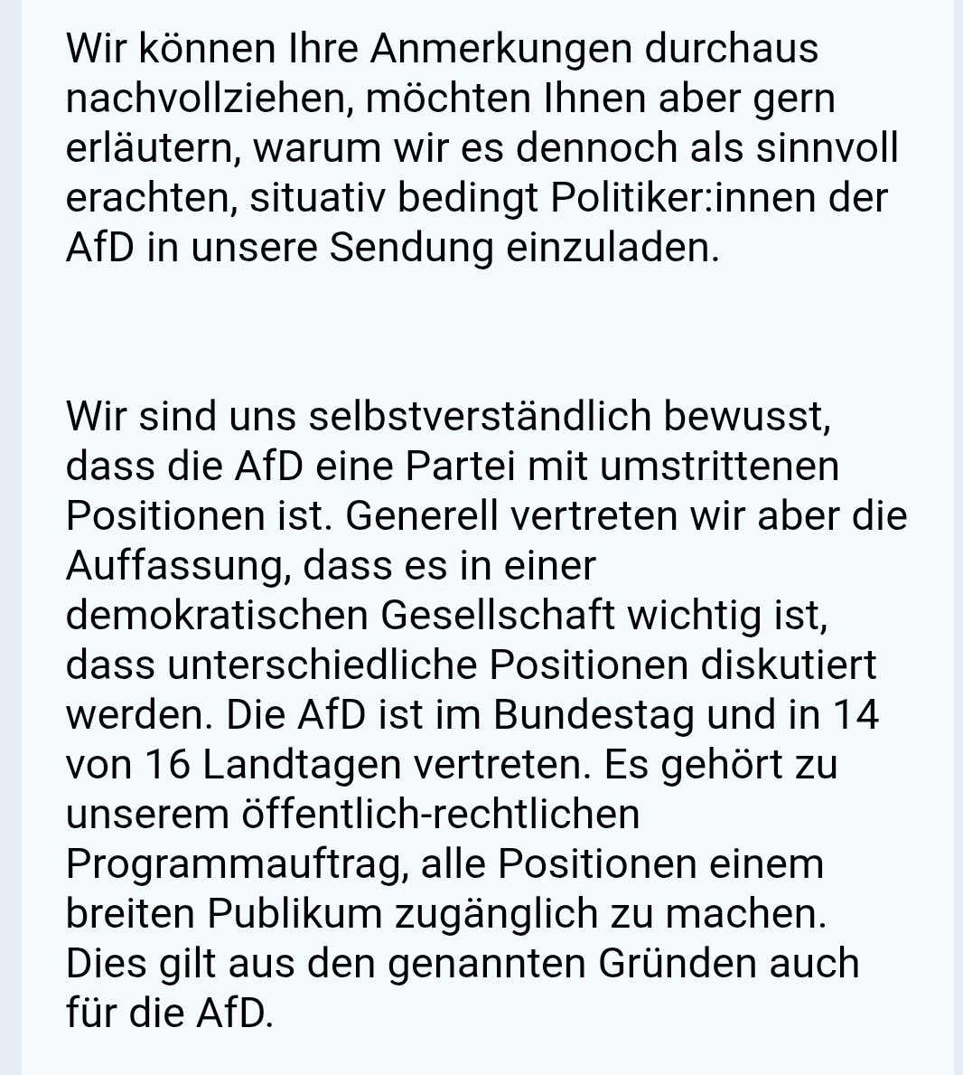 Die "Caren #Miosga"- Redaktion hat mir schnell geantwortet. Bin nun umso mehr irritiert: #Rechtsextremismus darf für Demokrat:innen niemals "umstritten" sein, sondern ist selbstverständlich mit klarer Haltung abzulehnen. Egal in wie vielen Parlamenten Rechtsextremist:innen