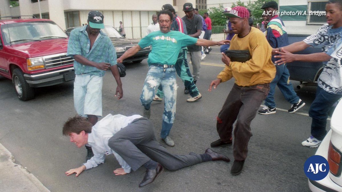Sad to learn the Atlanta Journal Constitution is no longer publishing a print edition. This iconic photo, though rarely seen, was snapped in downtown Atlanta during the Rodney King riot there in 1992. Yes, Atlanta, Georgia had a Rodney King riot where blacks attacked random White