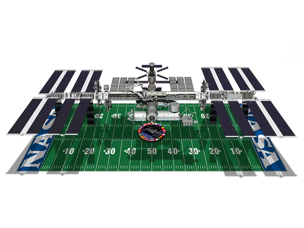 <a href="/Space_Station/">International Space Station</a> <a href="/NASAArtemis/">NASA Artemis</a> On that note: If the <a href="/Space_Station/">International Space Station</a> touched down on the #SBLX football field tonight, you’d see they’re very nearly the same size! The orbiting lab is 357 feet end-to-end – almost the same size as a football field, including both end zones.