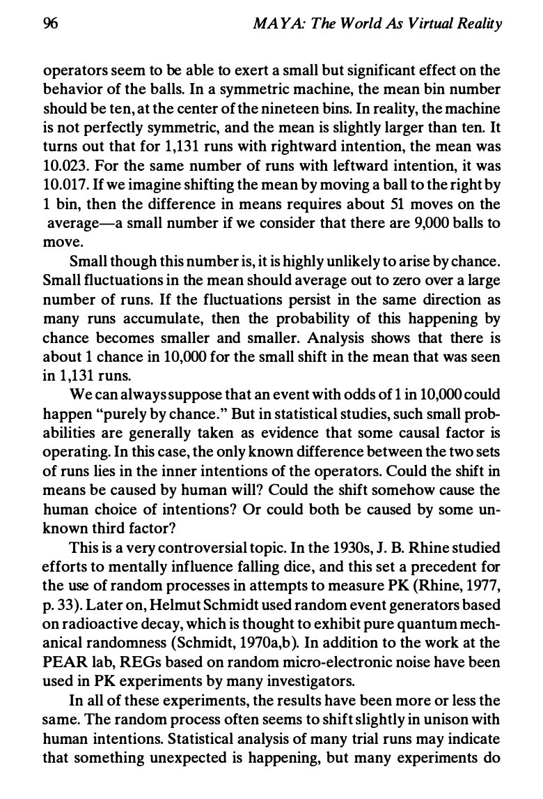 myechtra's tweet image. A parapsychology experiment at Princeton University found that participants could mentally affect where small balls would fall out of a series of bins. The psychokinetic effects created a new mean which had 1 in 10,000 odds of arising by chance.