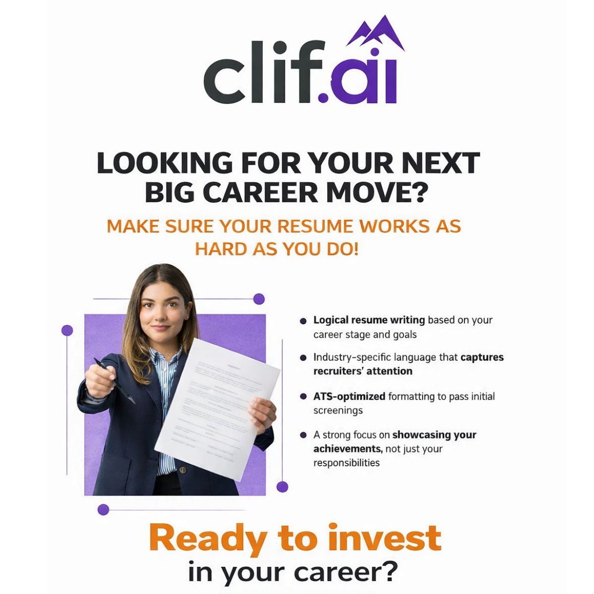 Are you ready to invest in your career? All we need is your time!

Your career growth should not be confusing, slow, or based on guesswork. With CLIF AI, you get structured career guidance, AI-powered resume optimization, and smart career planning designed to help you move