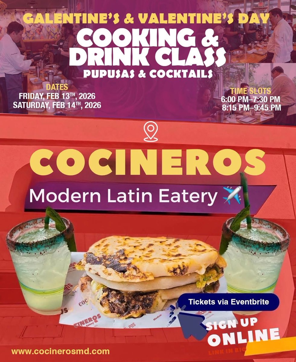 DCNowEvents's tweet image. #FeaturedEvent Galentine’s Friday. Valentine’s Saturday. Pupusas in your hands, cocktails on the table, and a full night out. 

Tie your apron, learn pupusas from scratch, sip while you cook, then sit back and enjoy what you made.

RSVP link 🔽Limited seats per time slot!