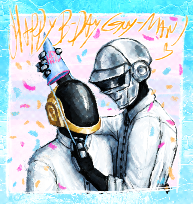 HAPPY GUY-MAN!!!(i think i made it in a time zone somewhere... hopefully) i didnt rlly know what 2 do with the background lol but yeah... i hope he had a good bday..<4 #daftpunk