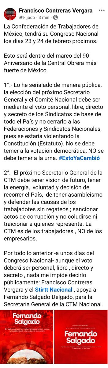 Tiene gallo el <a href="/STIRTTnacional/">STIRTT Nacional</a> y <a href="/francontrerasv/">FRANCISCO CONTRERAS</a> dan todo su apoyo a <a href="/FerSalgado/">Fernando Salgado</a> en la elección para elegir al próximo dirigente de la <a href="/CTM_MX/">CTM Nacional</a> <a href="/JavierCTMSonora/">Javier Villarreal G.</a> <a href="/OscarOrtizCTMS/">Oscar Ortíz</a> <a href="/elchiltepin/">José Ochoa</a> <a href="/feroropeza20/">Fernando Oropeza</a> <a href="/Chaposoto/">Arturo Soto Munguía</a> <a href="/olea_ramon/">Ramon Olea</a> <a href="/GaboBentez/">Gabriel Benítez</a>