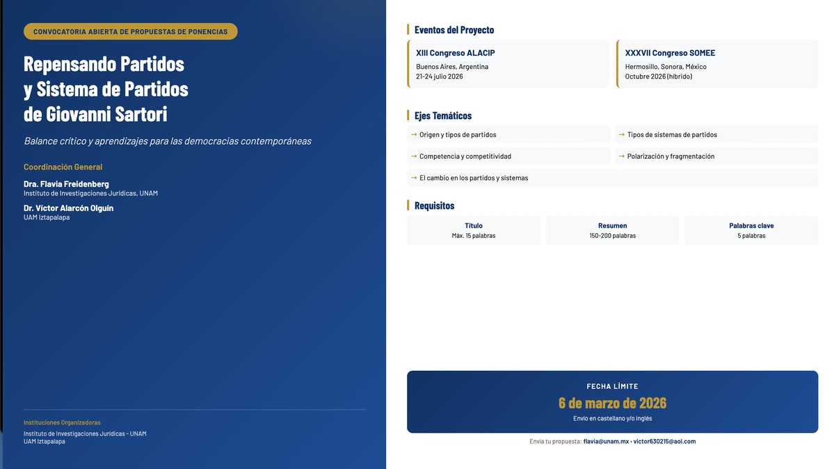 🌟#ConvocatoriaAbierta

A 50 años de la obra clave de Giovanni Sartori "Partidos y Sistemas de Partidos", pensamos en repensar sus categorías, hacer un balance crítico e identificar aprendizajes para las democracias contemporáneas. 

Esperamos sus propuestas de ponencias!
+info⬇️