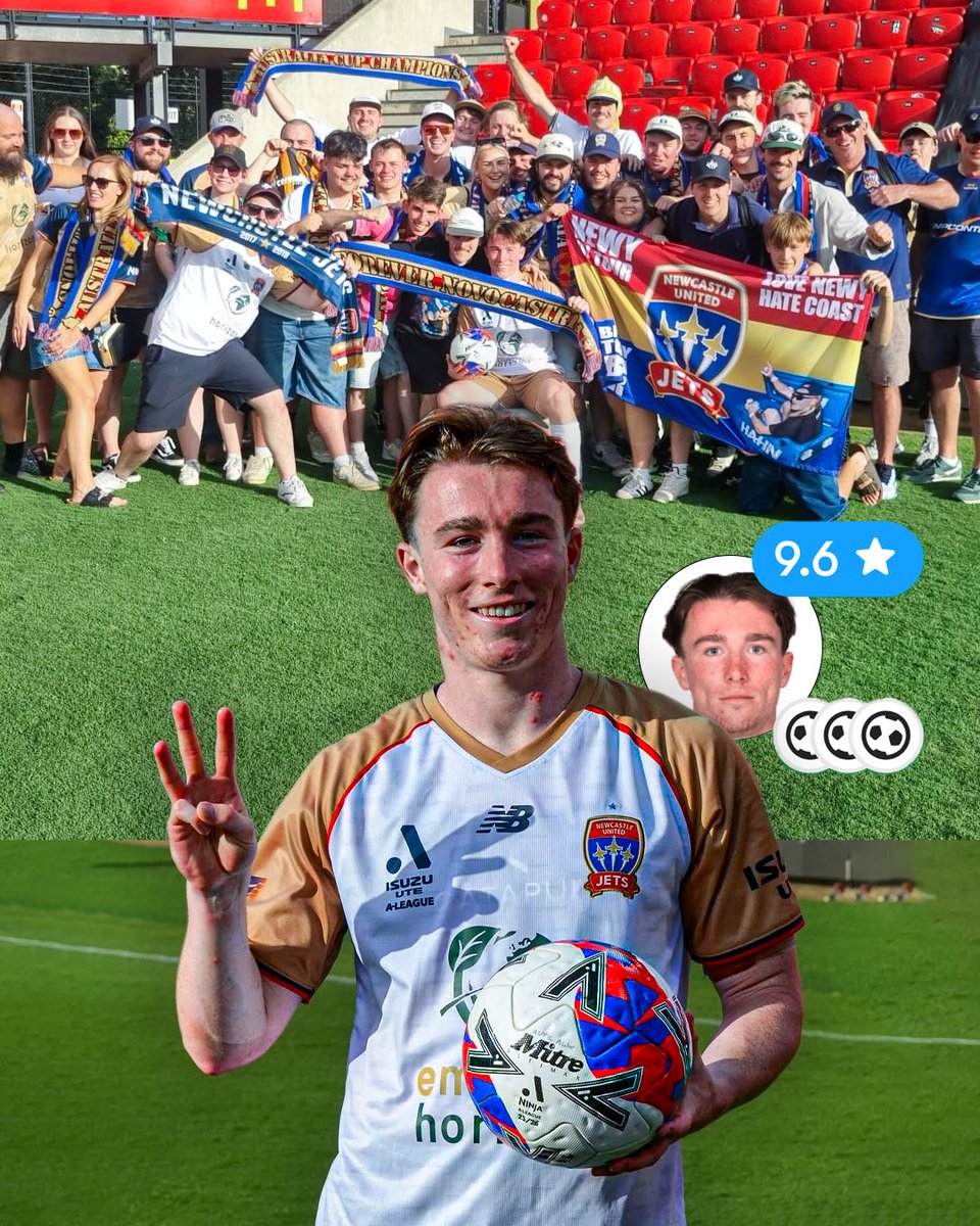 aleaguemen's tweet image. This photo of Clayton Taylor with the away fans with his hat-trick matchball ❤️🥹✈️

A masterclass from the 21-year-old, celebrated in the perfect way.

📸: domjack.images, Newcastle Jets