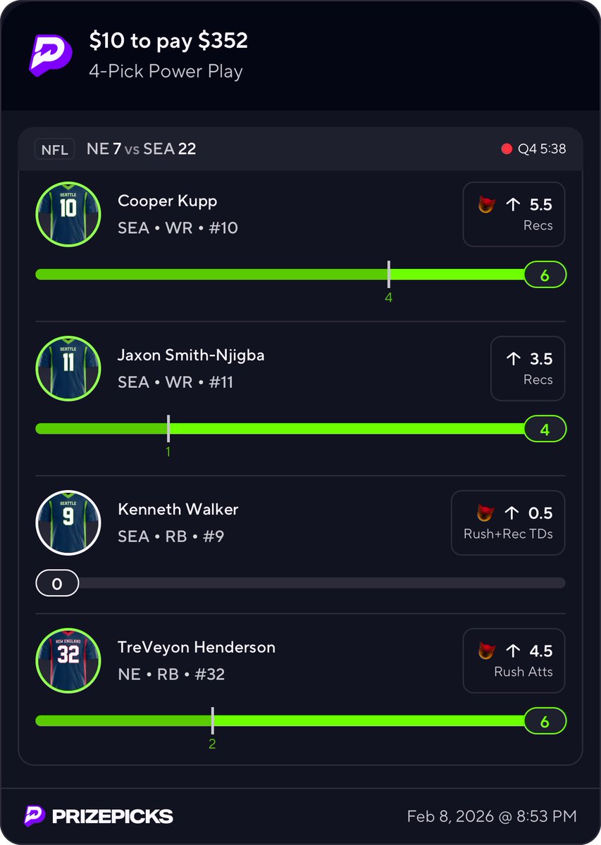 JustOblivious1's tweet photo. Mannnn I’m maddd if it wasn’t for that flag I would have gotten $352 off $10 #SuperBowlLX #PrizePicks #SuperBowl2026 https://t.co/PUToCpjTky