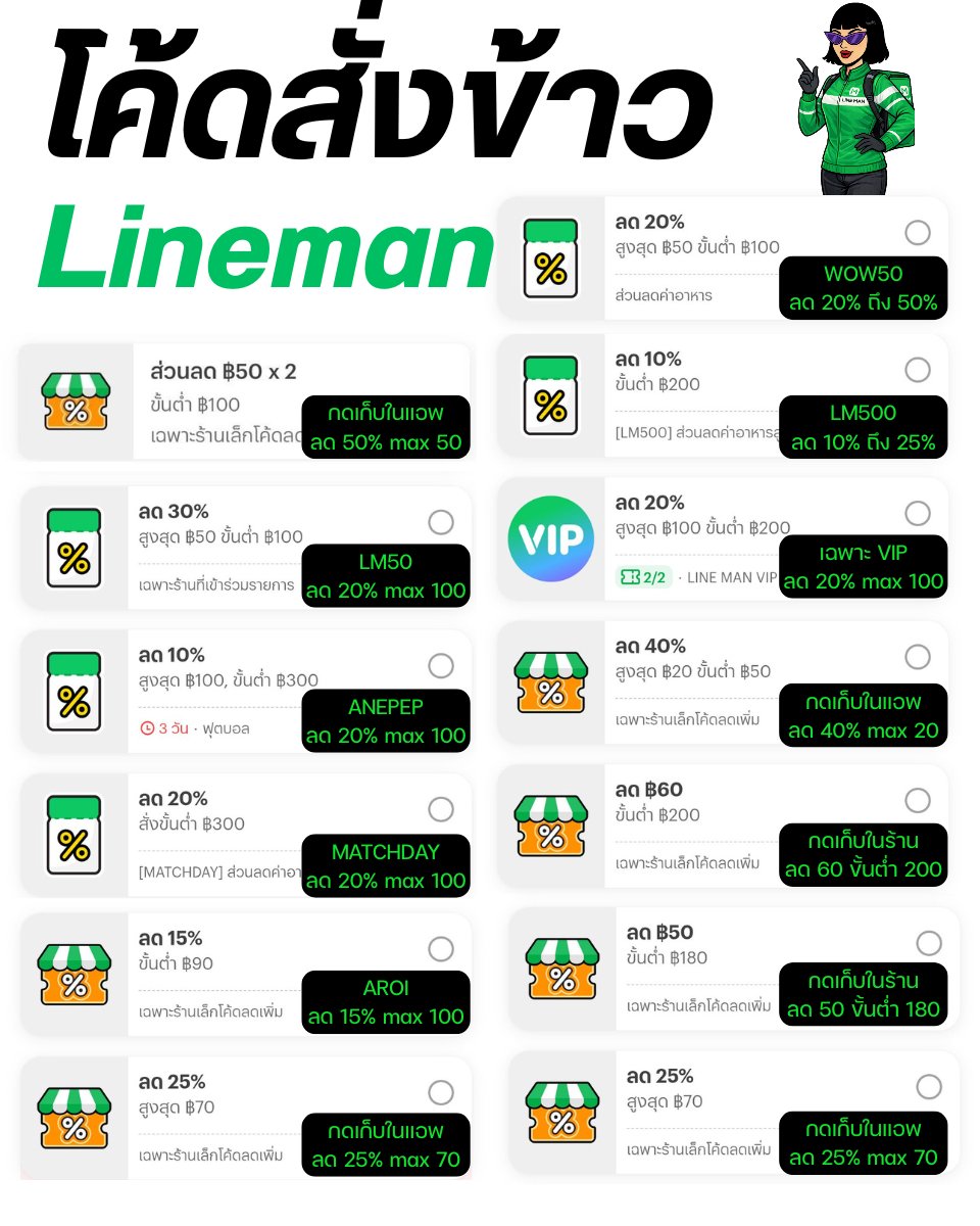 โค้ดสั่งข้าวไลน์แมนช่วงนี้
WOW50
LM50
LM500
MATCHDAY
AROI
SAVE100
LMSAVE

โค้ดเก็บในร้าน กดเก็บตามนี้เลย
👇 คลิกลิ้ง > กดสั่งอาหาร > กดเก็บโค้ด
lineman.onelink.me/1N3T/8lyv3u1t

#LINEMAN