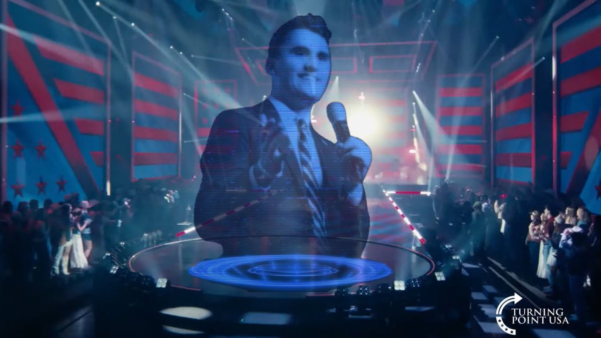 A holographic image of Charlie Kirk closes this night out.