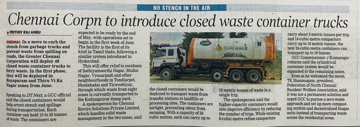 Prithivrajanbu's tweet image. In a move to curb the #stench from #garbage trucks and prevent the spilling of waste on roads, the GCC will deploy 48 #closedwastecontainer trucks to ferry waste. In the first phase, they will be deployed in 5 &amp;amp; 6 zones from June.@dt_next 

dtnext.in/news/chennai/t…