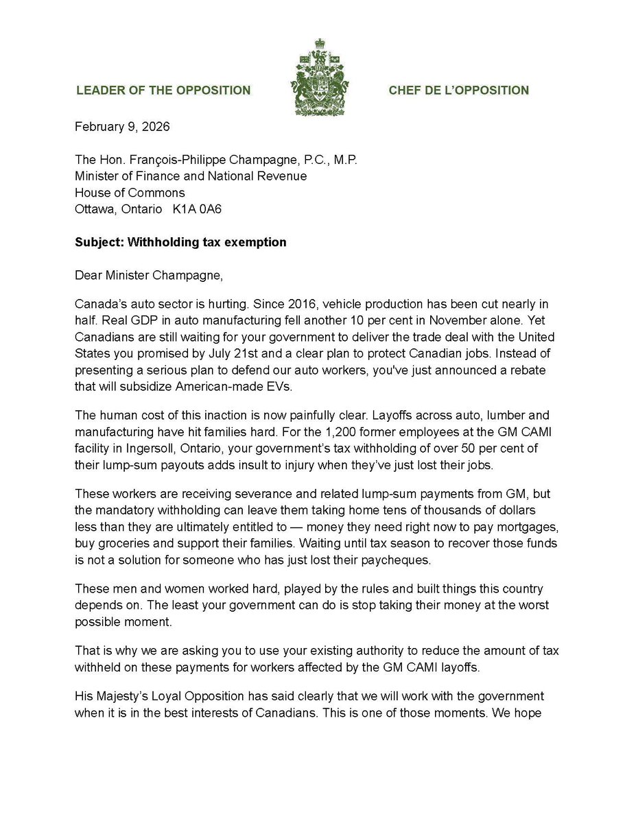 PierrePoilievre's tweet image. Liberals are withholding 50% of the severance pay of 1,200 autoworkers who were laid off at GM CAMI in Ingersoll.

These families need that money now.

With MPs @ArpanKhanna and @KyleSeeback, I’m calling on the Minister to stop withholding half of their severance pay.