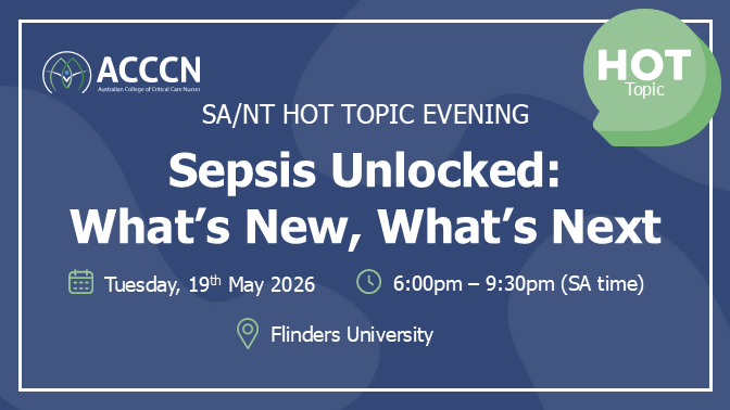 ACCCNAUST's tweet photo. Join Sepsis Unlocked: What’s New, What’s Next on 19 May 2026. Explore latest sepsis evidence, guidelines and bedside strategies for early recognition and rapid intervention. 

Register: https://t.co/pAl8A6UvJR 

#Sepsis #CriticalCare #ACCCN https://t.co/Sa9Thi25tm