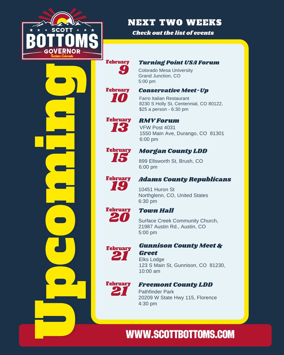 ScottBottomsCO's tweet image. The next two weeks are going to be busy!  Make plans to join us and hear how we can #ReclaimColorado
#scottbottomsforgovernor