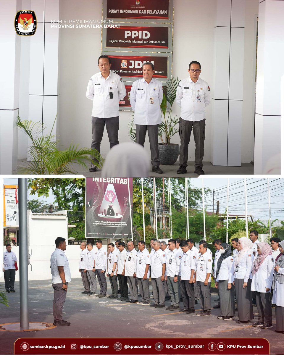 KPU Provinsi Sumatera Barat melaksanakan apel pagi pada Senin (9/2). Dalam amanatnya, pembina apel menyampaikan apresiasi atas tingkat kehadiran pegawai dalam apel pagi yang hampir sempurna, di mana seluruh ketidakhadiran hanya disebabkan oleh penugasan kedinasan.