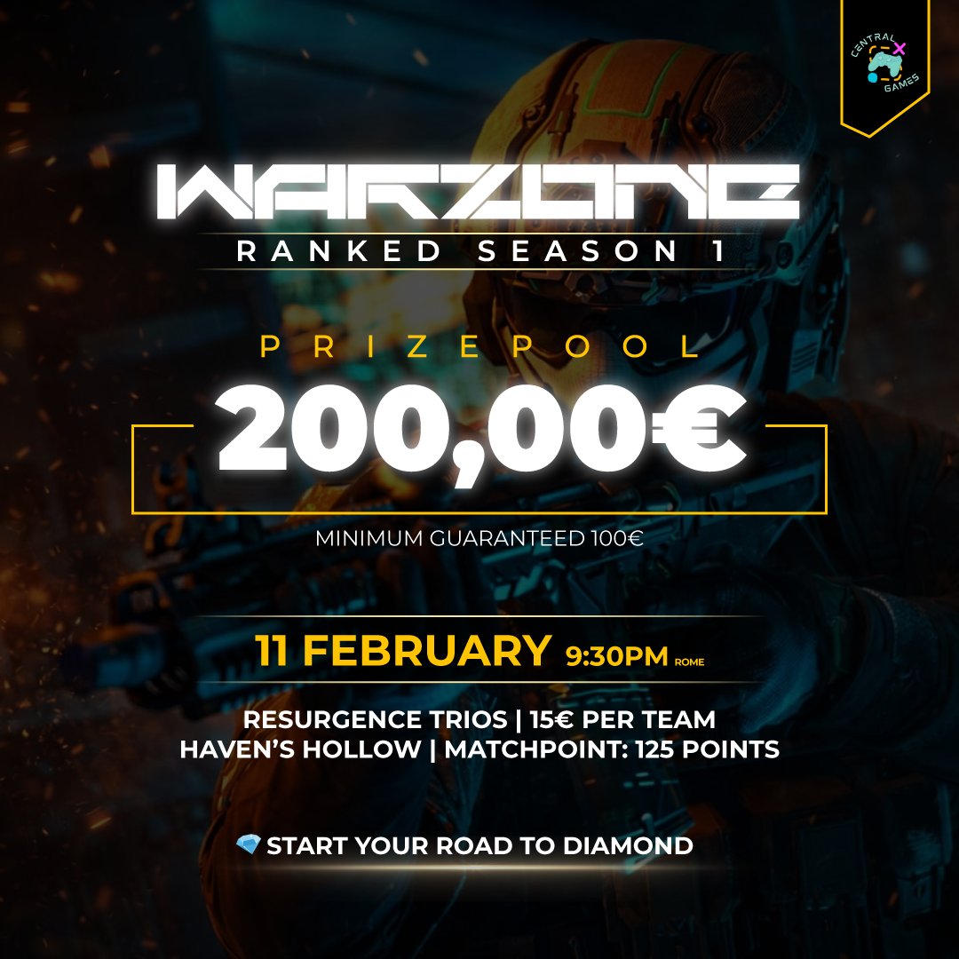 🔥 Warzone Tournament – Resurgence Trios 🔥

🏆 Ranked Season 1 – points count for the Global Leaderboard.

📝 Registration: €15 per team  
📅 Wednesday 11  
⏰ 09:30pm (Rome Time) 
💸 Prizepool: €200  
📍 Match Point: 125

💬 Comment “SPOT” for the discord link

#centralgames