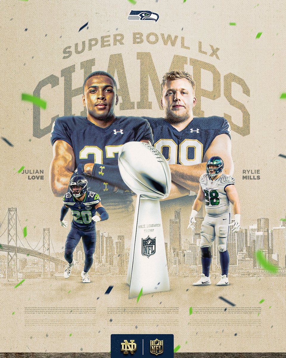 NDFootball's tweet image. JULIAN LOVE AND RYLIE MILLS ARE SUPER BOWL CHAMPIONS ☘️

#IrishInTheSuperBowl☘️ | @Seahawks