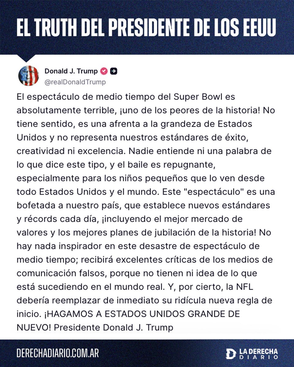 laderechadiario's tweet photo. 🚨🇺🇸🇵🇷 | #URGENTE Trump destruyó al miserable "artista trapero" Bad Bunny por su deplorable show en el Super Bowl: "Nadie entiende ni una palabra de lo que dice este tipo y el baile es repugnante, especialmente para los niños pequeños que lo ven". https://t.co/qIw8oQKCl3