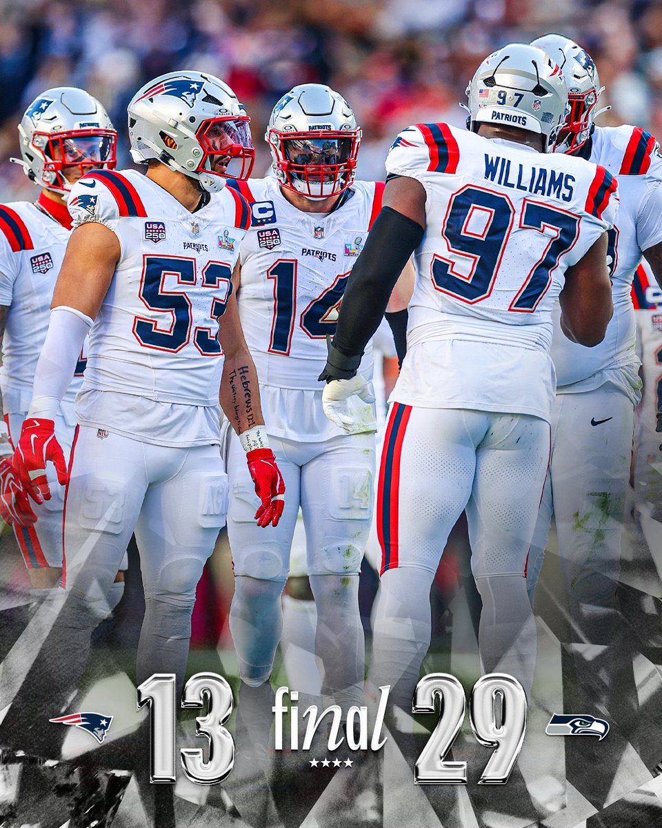 نهاية المباراة بخسارة الفريق للقب. 📝💔

موسم خارق لعبه الفريق وهو في مرحلة بناء ..
القادم افضل بإذن الله 🫶🏻

مبروك مشجعين السيهوكس بطولة مستحقة
هاردلك مشجعين الباتريوتس اكمال البناء من الان 

☝🏻🤍