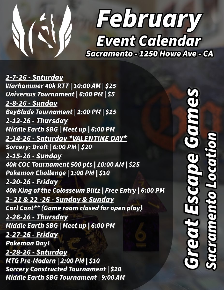 G_E_Games's tweet photo. February 2026 calendars for Great Escape Games Sacramento 😍 https://t.co/Vflbi5KuQd