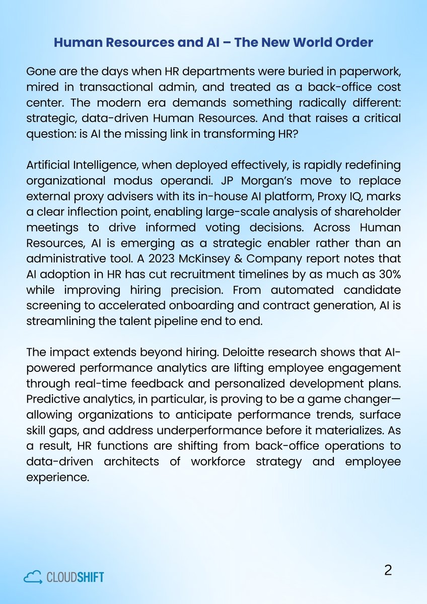 Cshift2019's tweet photo. HR is evolving from transactional to strategic.

AI is reshaping the workforce but responsibility, ethics, and transparency must lead the way.

 Read the article entitled: Human Resources and AI – The New World Order

#ArtificialIntelligence #EthicalAI #DigitalHR #CloudShift https://t.co/Ke3rywVKIU