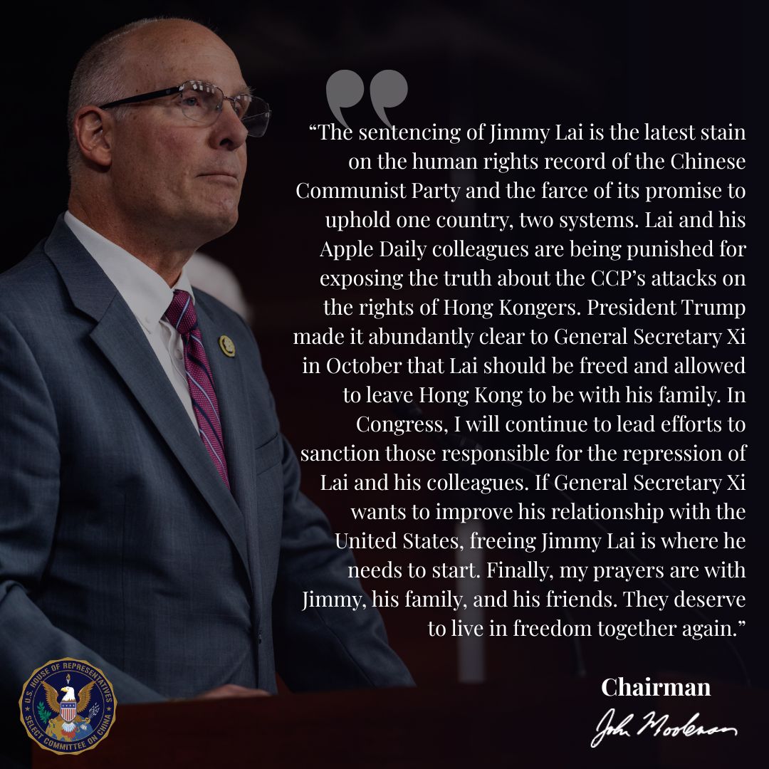 ChinaSelect's tweet photo. A statement from Chairman @RepMoolenaar on the sentencing of Hong Kong pro-democracy activist Jimmy Lai: https://t.co/U8b71ImHEL