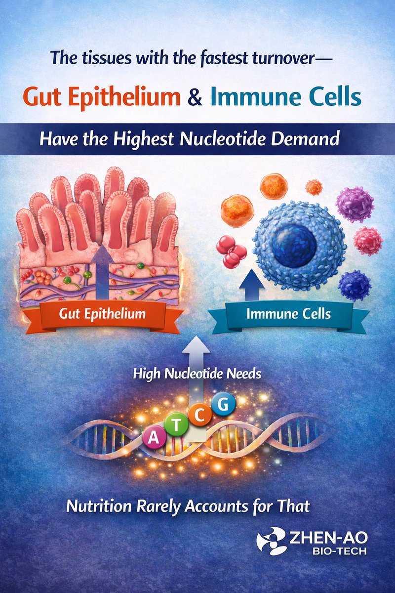 ZhenAoBioTech's tweet photo. The tissues with the fastest turnover — gut epithelium and immune cells —
are also the ones with the highest nucleotide demand.
Nutrition rarely accounts for that.
#FunctionalNucleotides #AnimalNutrition #PetHealth #FunctionalIngredients https://t.co/notO3iQD1M