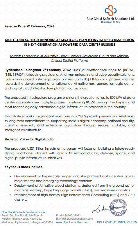 IndianStockEco's tweet image. 🚨Blue Cloud Softech Solutions:
👉#BLUECLOUDSOFTECH announced a strategic plan to invest up to US$1 Billion in next-generation AI-Powered data center Business
Targets Leadership in AI-Native #DataCenters, Sovereign Cloud and MissionCritical Digital Platforms
#StocksToWatch