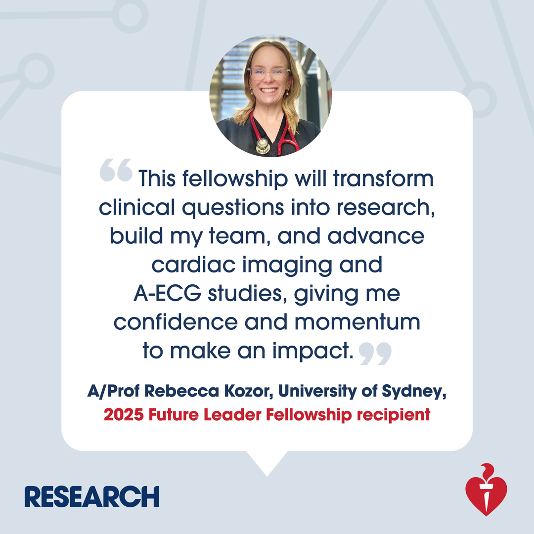 heartfoundation's tweet photo. Applications are OPEN for Future Leader Fellowships! 
The program is giving A/Prof @rebeccakozor  momentum and confidence to lead research that changes lives. Are YOU an emerging leader in cardiovascular research? Apply now: https://t.co/WTWZtkZvcb https://t.co/LOWRnANPG8