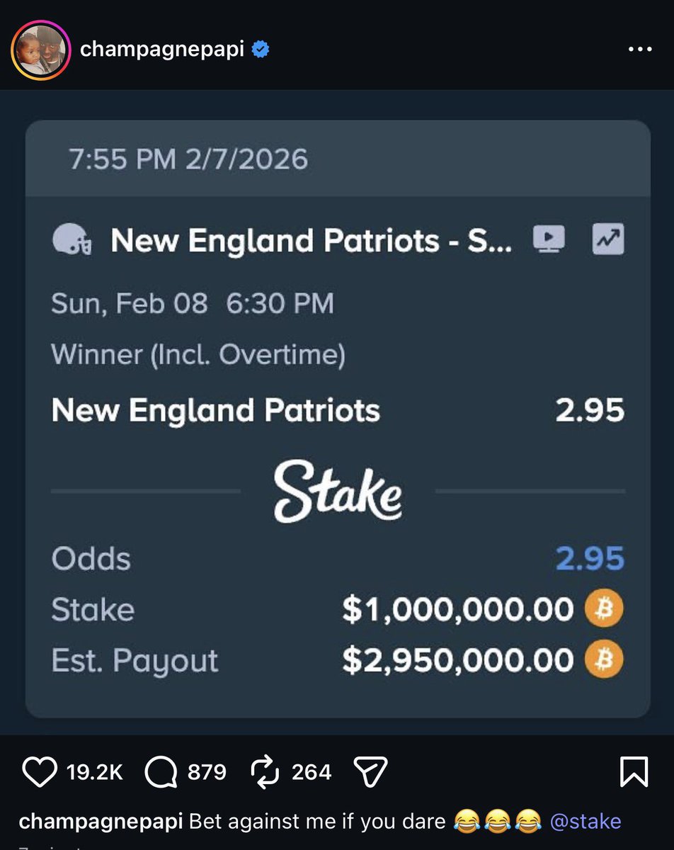 Drake aposta US$ 1 milhão nos Patriots e desafia geral: “Aposte contra mim se tiver coragem 😂😂😂”. 

Mas a Drake Curse atacou de novo: os Seattle Seahawks saíram com a vitória e a aposta milionária não se concretizou! 

#SuperBowlLX