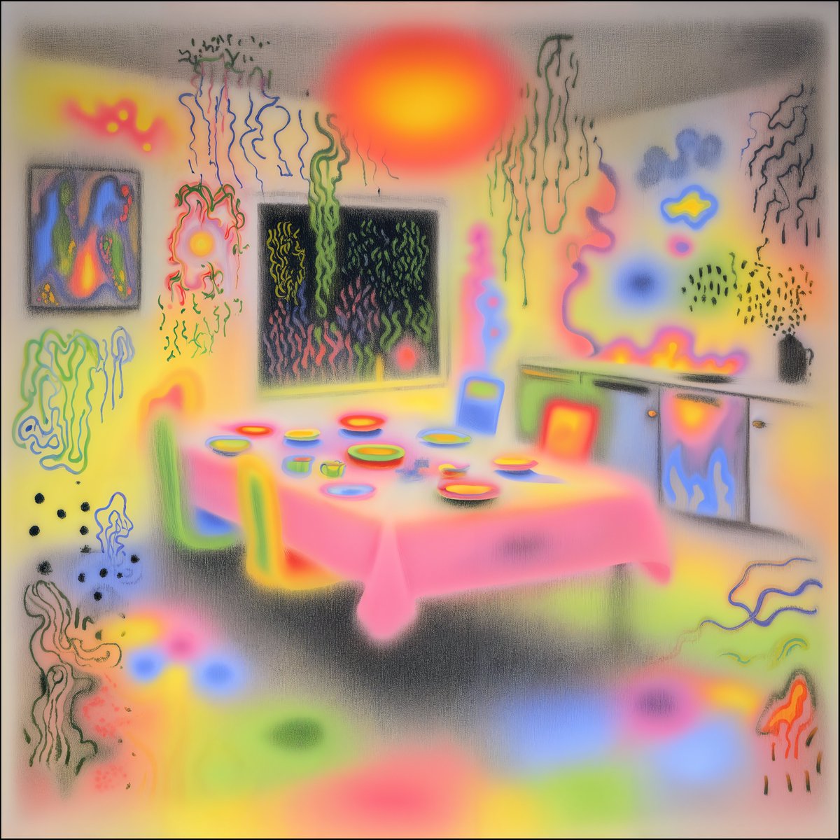 The room persists without asking permission. The table remains aligned to function, not memory. Plates emit residual color, an afterimage of use rather than evidence of it. No food is implied. No hunger either. The chairs are positioned correctly. They do not anticipate weight.