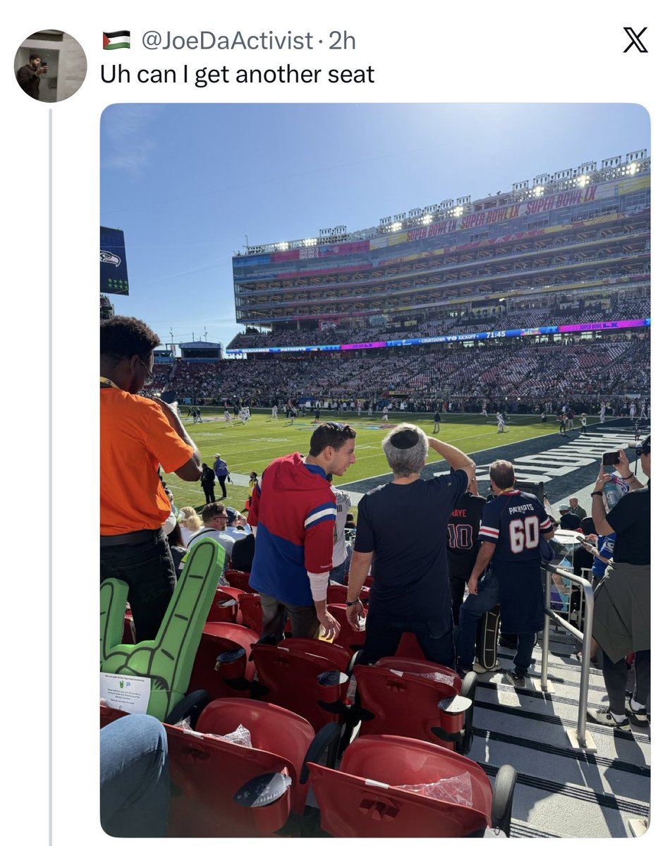 Imagine being such a vile antisemite that you’re at #SuperBowl2026 and instead of enjoying an amazing opportunity not afforded to most, you’re instead complaining on X about Jews sitting a few rows ahead of you.