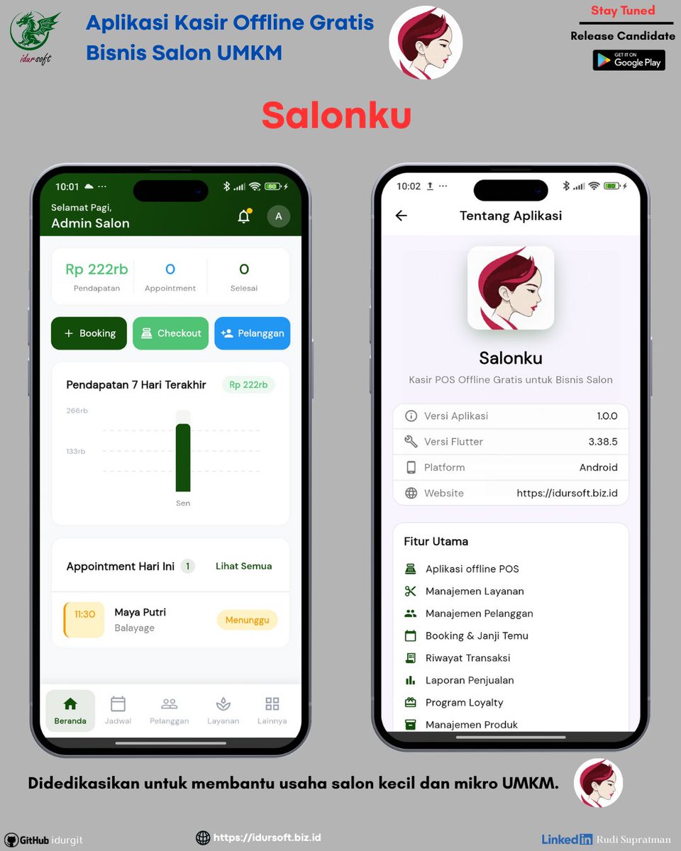 cakidur's tweet photo. Salonku
Aplikasi kasir offline gratis untuk bisnis salon. Gratis sepenuhnya tanpa iklan untuk bisnis kecil dan mikro UMKM. Gratis selamanya seumur hidup!

Segera tersedia di Google Play

#aplikasikasir #salonku #kasiroffline #idursoft #salon #pointofsale 
#android #pos #umkm https://t.co/nCbj9Q5EYe