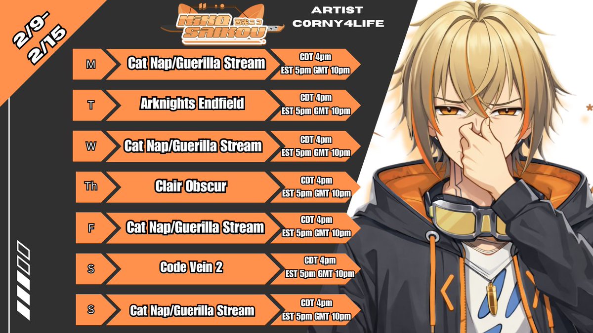 NikoSaikou_'s tweet image. New Weekly Schedule!!!

I decided to pick up Code Vein 2 today because I REALLY enjoyed the first game, so I'm really excited for anime souls part 2.