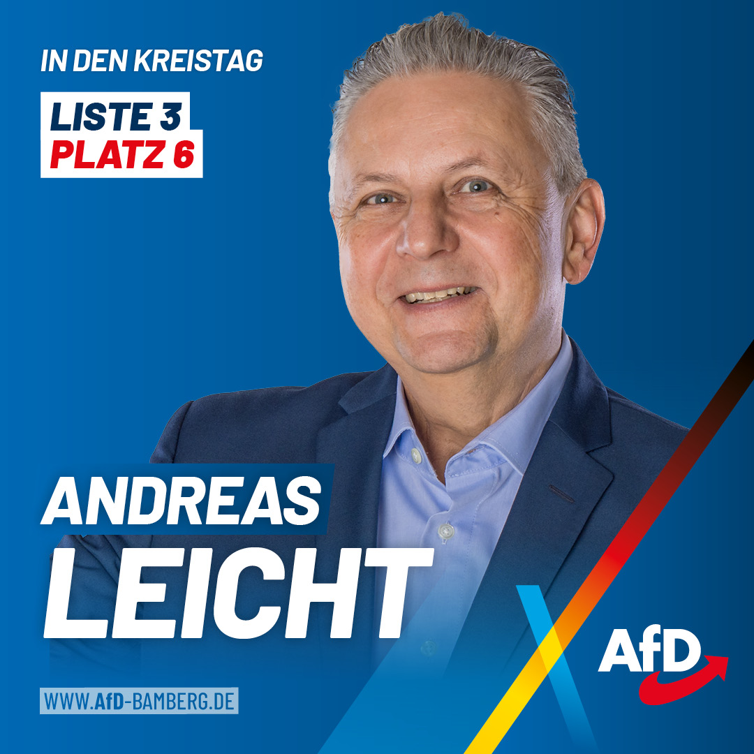 Weiter geht es mit unseren Kandidaten für den Kreistag Bamberg 🗳️

Liste 3 • Platz 6 
👤 Andreas Leicht 
🏠 Bischberg 
💼 Außendienstmitarbeiter 

Alle Kandidaten für den Kreistag finden Sie unter: afd-bamberg.de/kandidaten-zur…