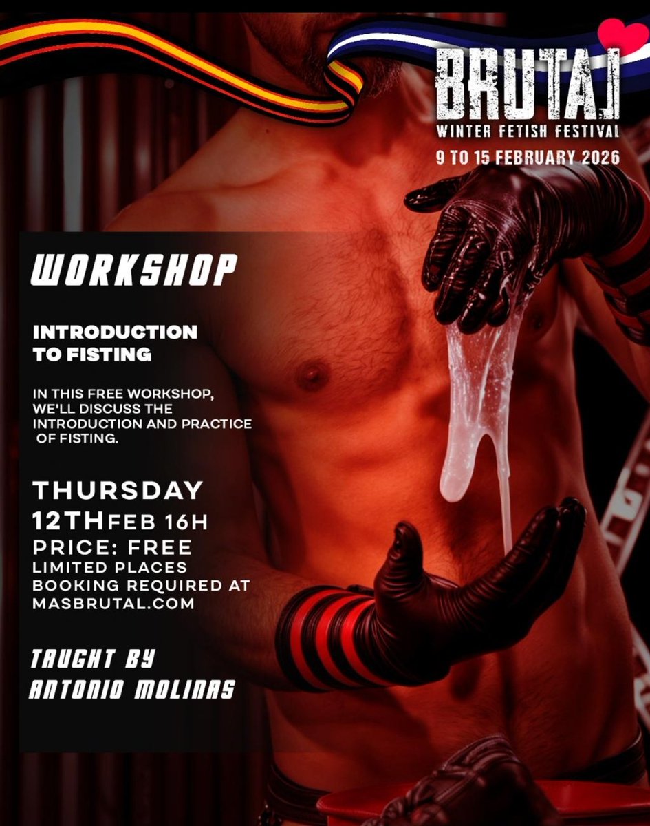 Next week, during the “Brutal Winter Fetish Festival,” on Thursday 12/02 from 4–6 pm, TimeoFF will host a fisting workshop — “Give me 5, I’ll give you 5” — led by Antonio Molinas
Theory and practice.
Come along! 😜👊👊
<a href="/TimeoFFclub/">TimeoFF</a>
<a href="/noxonclub/">noxonclub</a>

maspalomasrubber.com/event-details/…