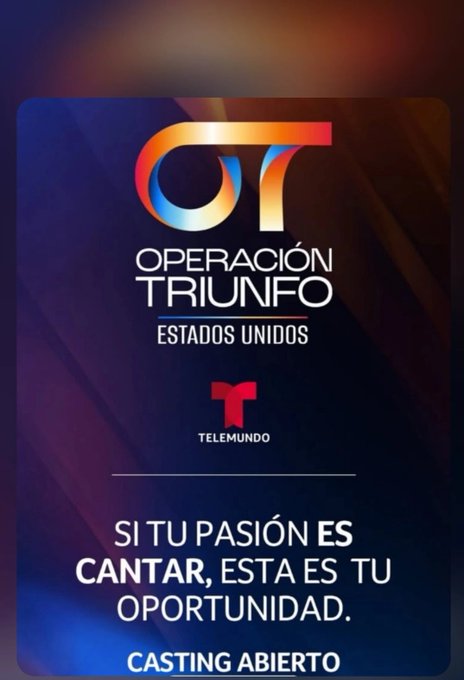 OFICIAL   

Telemundo anuncia su nuevo reality show 24/7, Operacion Triunfo USA.   

Se estrena próximamente.

#OperacionTriunfo #OT #Telemundo