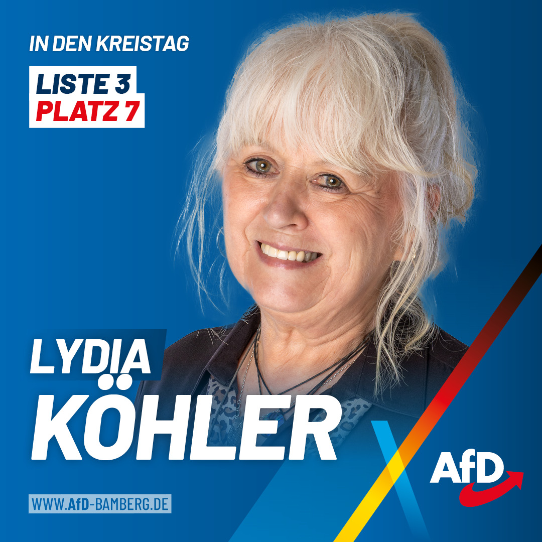 Unsere Kandidaten für den Kreistag Bamberg 🗳️

Liste 3 • Platz 7 
👤 Lydia Köhler 
🏠 Strullendorf (Geisfeld) 
💼 Krankenschwester 
🏛️ Kreisrätin 

Alle Kandidaten für den Kreistag finden Sie unter: afd-bamberg.de/kandidaten-zur…