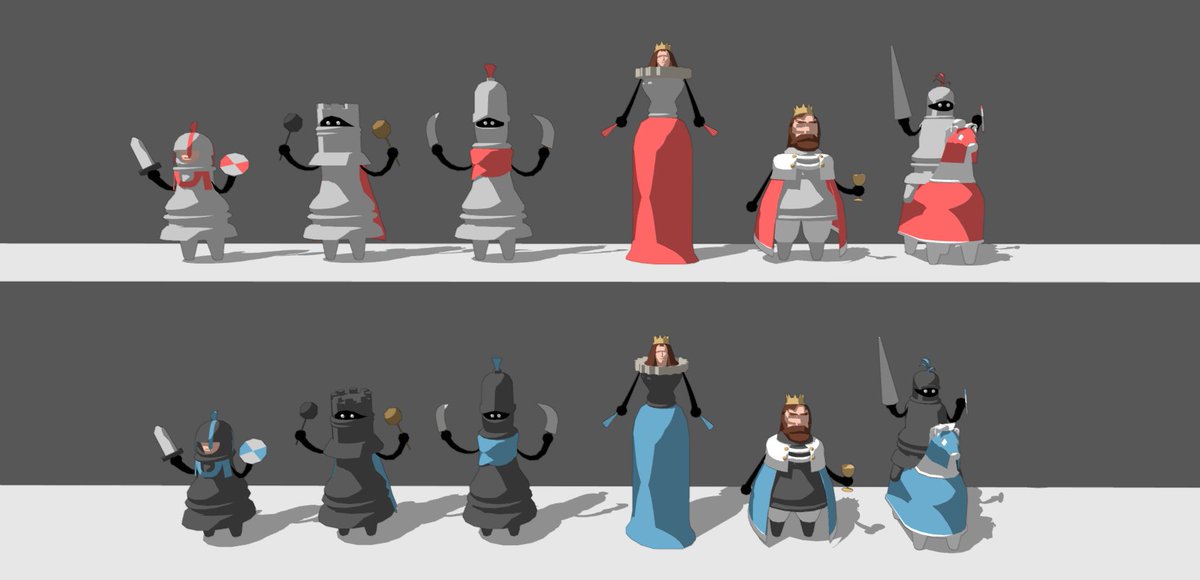OddBoard_'s tweet photo. These are our main chess piece skins. We kept them very close to classic chess on purpose. Players can also pick their own cloth colors, so it’s easier to recognize your army at a glance. We’re also working on multiple skins with very different vibes. #indiedev #gameart #chess https://t.co/uKrb9JSwRi