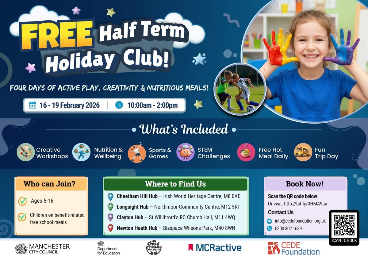 cedefoundation's tweet photo. FREE February Half Term HAF Club

📅16–19 Feb 2026 | ⏰ 10am–2pm
👧Ages 5–16 (FSM eligible)
🍽️FREE hot meal daily
🎨Creative fun | ⚽ Sports | 🧪 STEM | 🎒 Trip day
📍Cheetham Hill • Longsight • Clayton • Newton Heath
Book now: https://t.co/0WgosAY6Sn
#HAF #FreeActivities https://t.co/FOCoNif66T