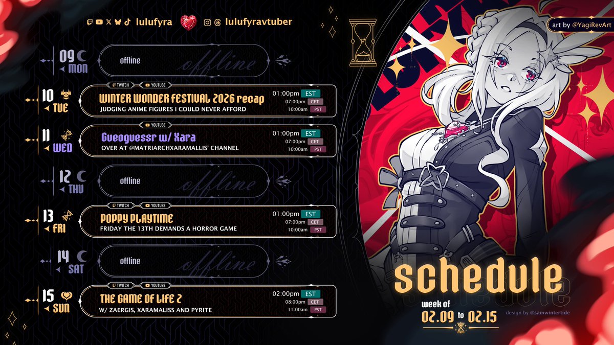 Good morning, it's schedule time!✨

TUE ➜ Winter Wonder Festival 2026
WED ➜ Gueguessr w/ <a href="/Xaramaliss/">Xaramaliss⏳</a> (there'll be no POV on my channel, so go sub to Xara to watch it🩵)
FRI ➜ Poppy Playtime
SUN ➜ The Game of Life 2 w/ Zaergis, Xara and Pyrite

Have a nice weekend everyone!