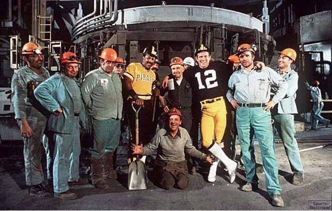 baseballinpix's tweet photo. Terry Bradshaw and Willie Stargell with Pittsburgh steel workers, 1979. Photo by Walter Iooss Jr.  It was shot for the December 24–31, 1979 issue of Sports Illustrated, which featured the two stars as the magazine’s Sportsmen of the Year. This photoshoot celebrated a historic year for Pittsburgh, as both the Steelers (led by Bradshaw) and the Pirates (led by Stargell) won their respective world championships in the same season—earning the city the nickname City of Champions.