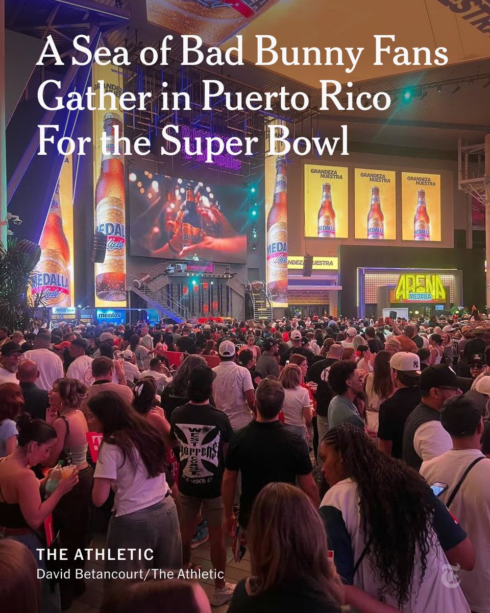 From <a href="/TheAthletic/">The Athletic</a>: Our reporter is in San Juan, Puerto Rico, and it was packed two hours before game time. There were a sea of Bad Bunny fans wearing shirts that say “I'm just here for the Benito Bowl.”

Follow live updates for the Super Bowl: nyti.ms/3McRm2q