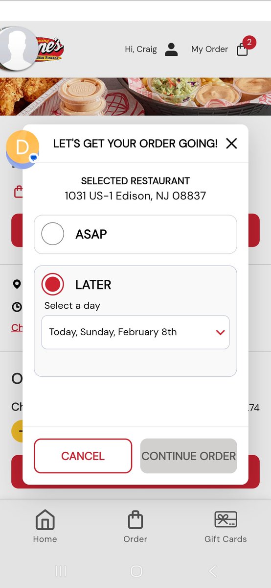 brownc424's tweet photo. @raisingcanes Ugh I love your food, but why is ordering such a hassle? The app says they're too busy for asap... And won't let me schedule. Same with the website. I just wanted fingers for the game! https://t.co/PwdxLeJONK