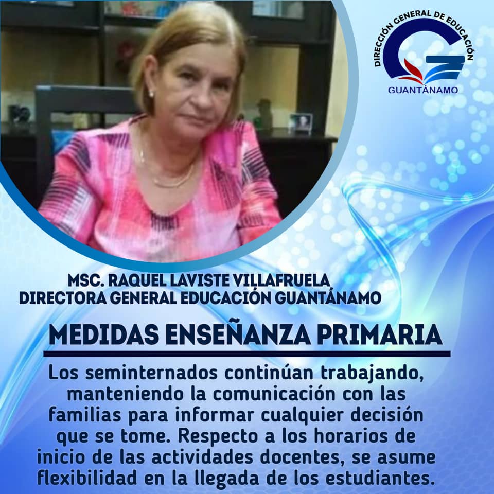 #EducaciónGuantánamo implementa medidas en la Enseñanza Primaria, <a href="/villafruel900/">Raquel Laviste Villafruela</a> <a href="/yoeaberob1/">Yoel Perez Garcia</a> <a href="/Marlen31443761/">Marlen Triana Mederos 🌷</a> <a href="/Alfredo_H74/">Alfredo Hernández</a> <a href="/CarlitosMTgtmo/">Carlos Martínez Turro</a> <a href="/DiazCanelB/">Miguel Díaz-Canel Bermúdez</a> <a href="/DrRobertoMOjeda/">Dr. Roberto Morales Ojeda</a> <a href="/PartidoPCC/">Partido Comunista de Cuba</a> <a href="/AlisAzahares/">Alis Azahares</a>.