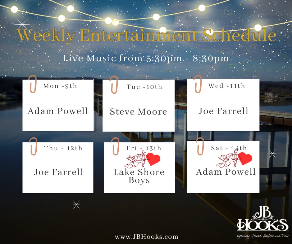 🎶 This Week at JB Hooks – Live Music &amp; Valentine’s Weekend Special 💕🥩🦞
💘 Valentine’s Weekend Special – Friday &amp; Saturday Only
🥩 Steak &amp; Lobster for Two
🥂 Two Glasses of Champagne
🌹 A Rose for the Ladies
 Romance, live music, and lake views await.
jbhooks.com