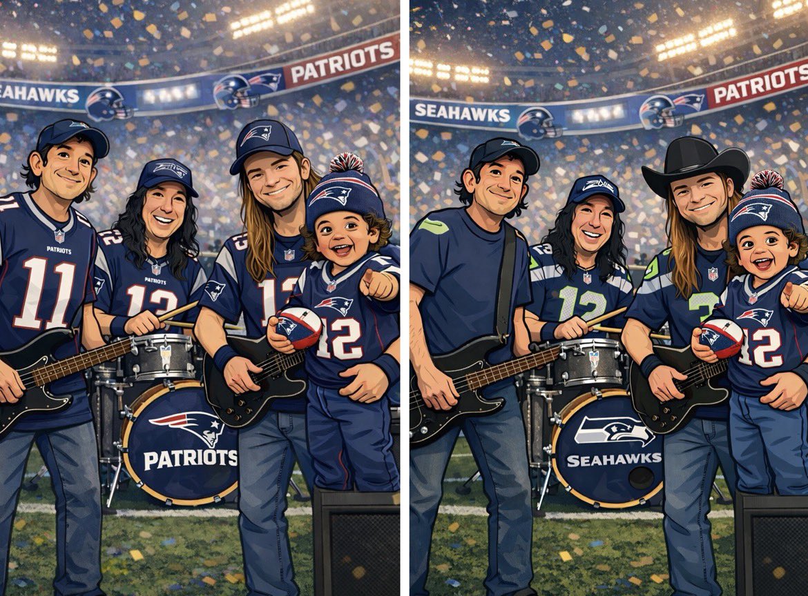 CharlieBonnet3's tweet photo. Since the world is watching football today, we have to ask…🏈🏈🏈
#teamseahawks
#teampatriots
#teamwhocaresletsrock
Apparently Ky-Guy is going Patriots?? AI said so, not Papa!
(It’s just for fun, we start rocking again after the game!)🥁🎸🥁🎸 https://t.co/GYgdaWvneh