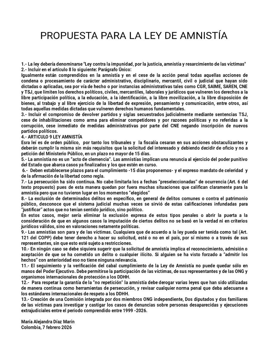 acost40355's tweet photo. Propuestas de la Dra. María Alejandra Díaz, abogada constitucionalista, que fueron enviadas al correo de la Comisión Especial para la Ley de Amnistía y esperamos sean consideradas.
@jaarreaza 
@NoraBracho 
@TimoteoZambrano 
@aecarri 
@LuisFlorido 
@taniapsuv https://t.co/VwkfnUwDLf