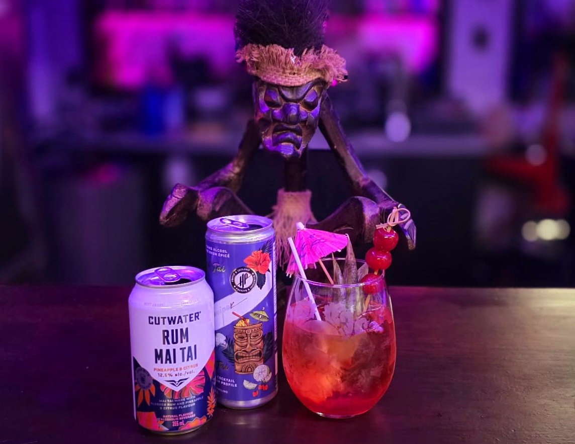 My Super Bowl cocktail; two kinds of canned Mai Tai combined with spiced rum, maraschino cherry, and pineapple garnish. Tiki idol says it's called the "tropical storm".  
#tikiidol #tikicocktail #tiki #SuperBowlLX